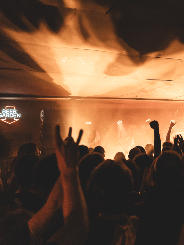 Crowd watching a live concert with raised hands, stage lights, and a foggy atmosphere in a dimly lit venue.