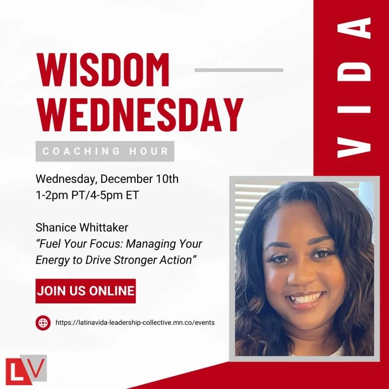 Flyer for Wisdom Wednesday coaching hour featuring Shanice Whittaker, scheduled for December 10th from 1-2 pm PT and 4-5 pm ET, with a red and white color scheme, a photo of Shanice Whittaker, and a red 'Join Us Online' button.