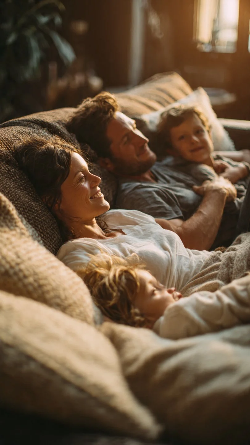 A family of three—mother, father, and young child—relaxing and smiling on a cozy couch in a warmly lit living room representing Healthy Homes.