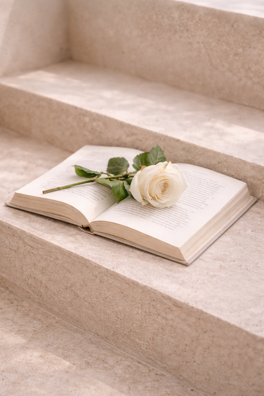 Open book with a white rose resting on its pages, cozy aesthetic scene