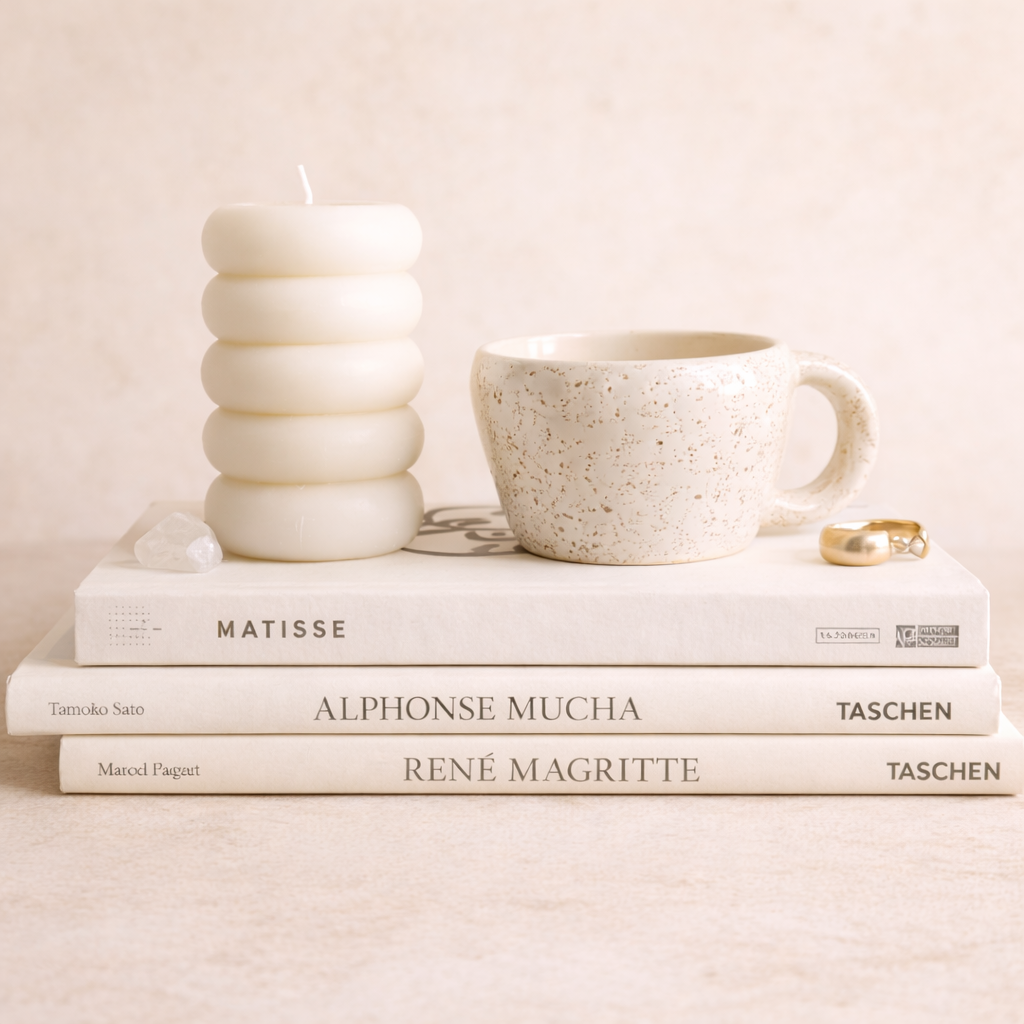 Stack of books with a coffee mug and lit candle on top, cozy aesthetic setu