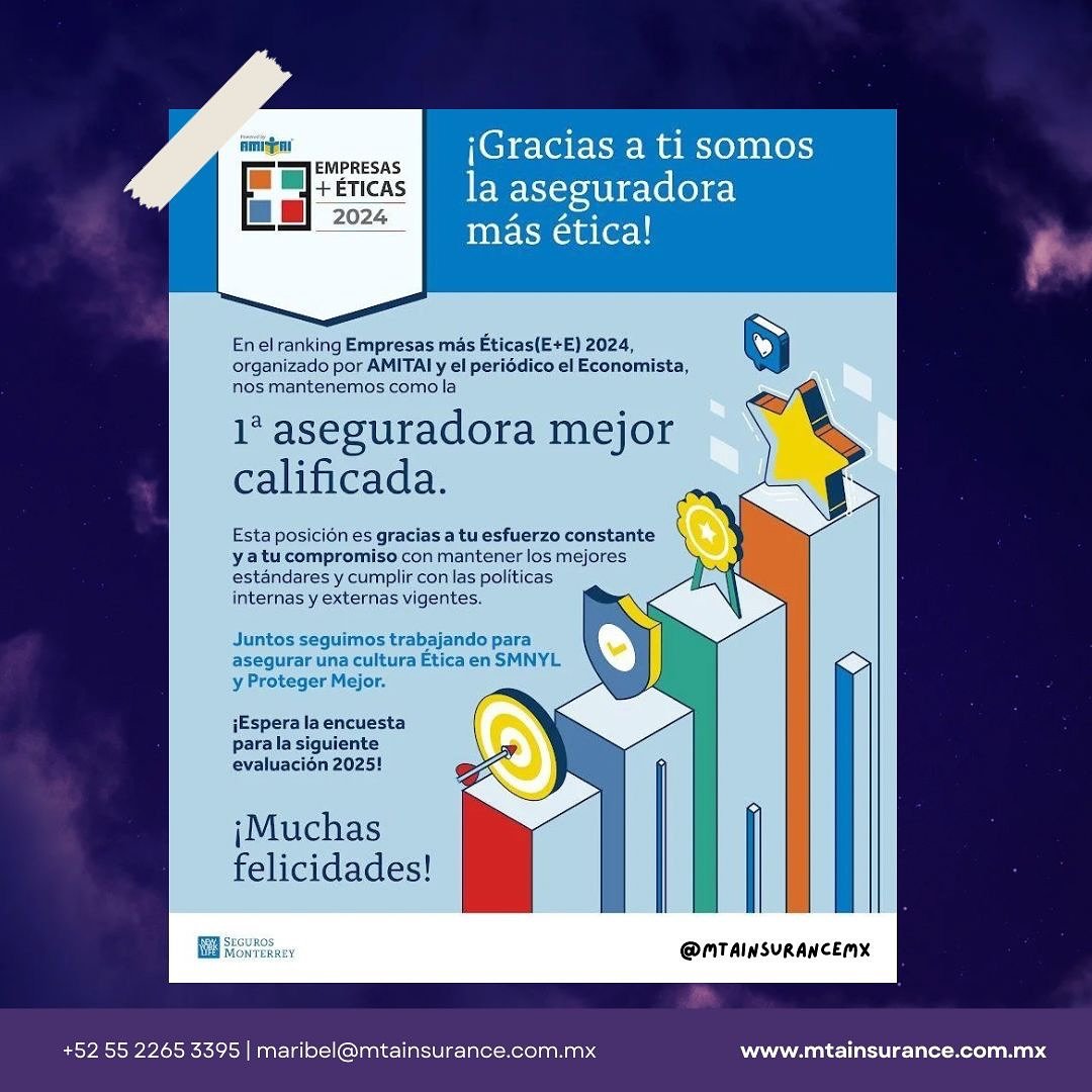 &iexcl;Nos sentimos honrados de anunciar que hemos sido reconocidos como la aseguradora m&aacute;s &eacute;tica en el ranking de Empresas M&aacute;s &Eacute;ticas (E+E) 2024! 🏆

#MtaInsurance #SegurosMonterrey #Empresa&Eacute;tica #&Eacute;ticaEmpre