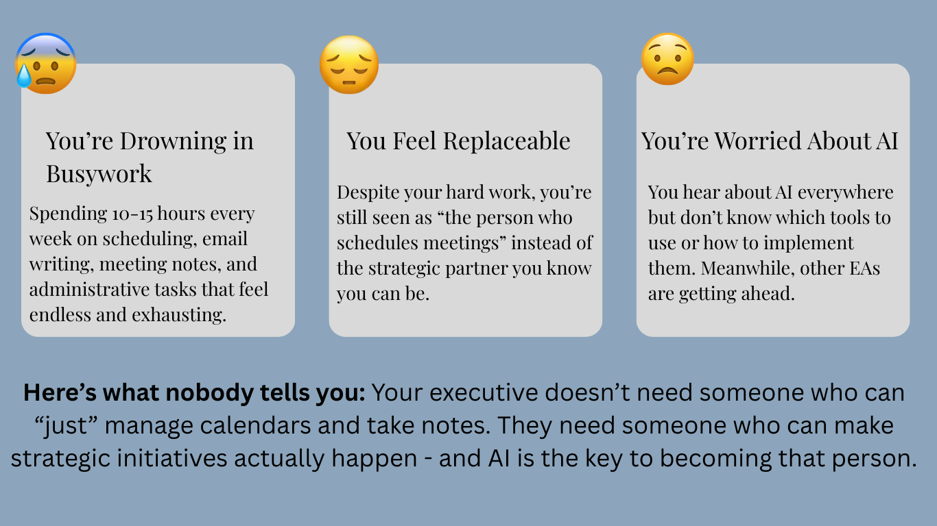 An infographic with three sections, each with an emoji and a description about workplace stress and AI. The first section has a crying face emoji and discusses being overwhelmed with busywork. The second has a tired face emoji about feeling replaceable. The third has a worried face emoji about concerns over AI. The infographic concludes with a bold statement emphasizing the importance of strategic initiatives and AI.