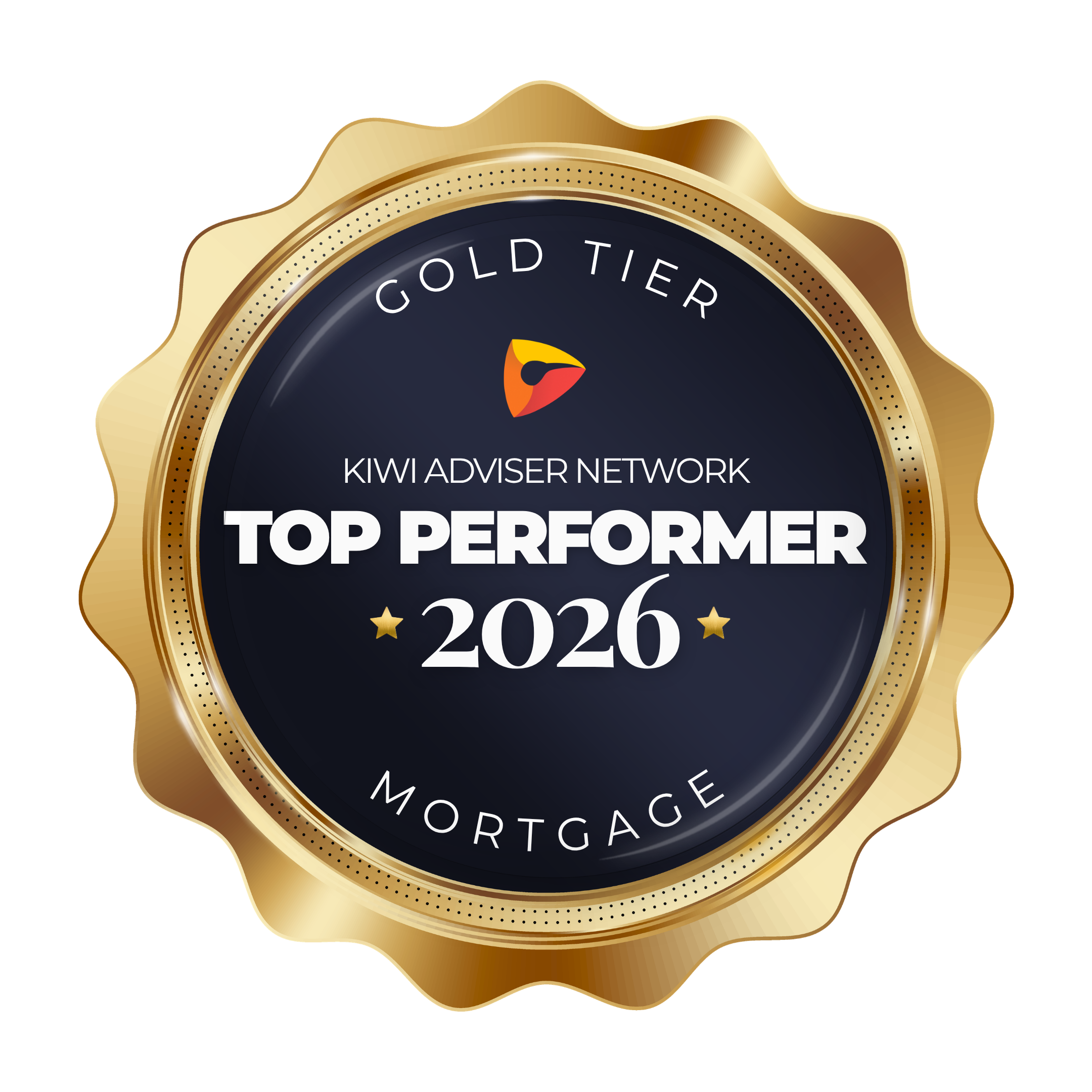 Gold medal with black center, inscribed with "Top Performer 2026" and surrounding text "Kiwi Adviser Network".