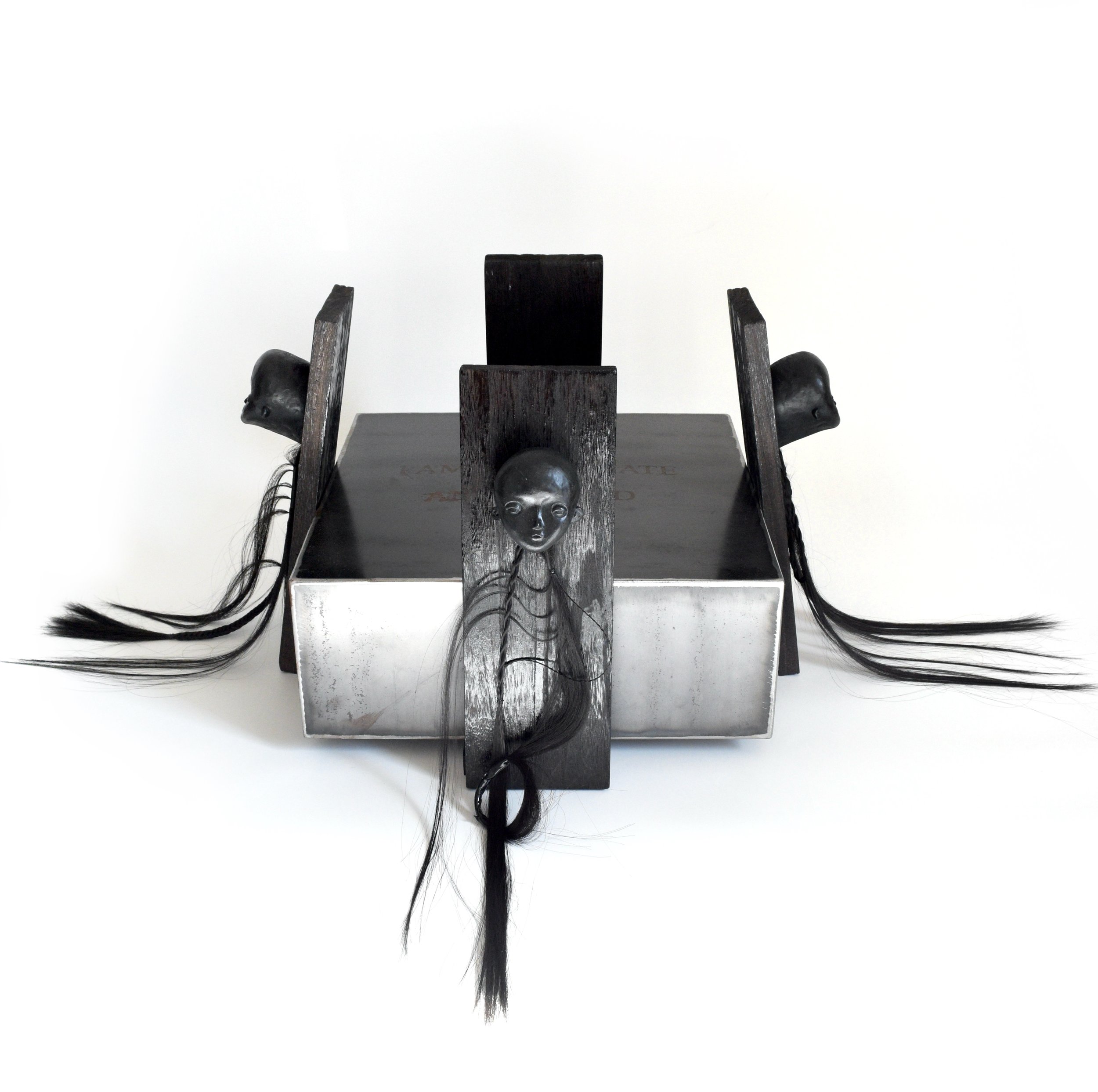 I Am Deliberate And Afraid, 2024, Metal, wood, plaster, and synthetic hair - 114 x 114 x 34 cm