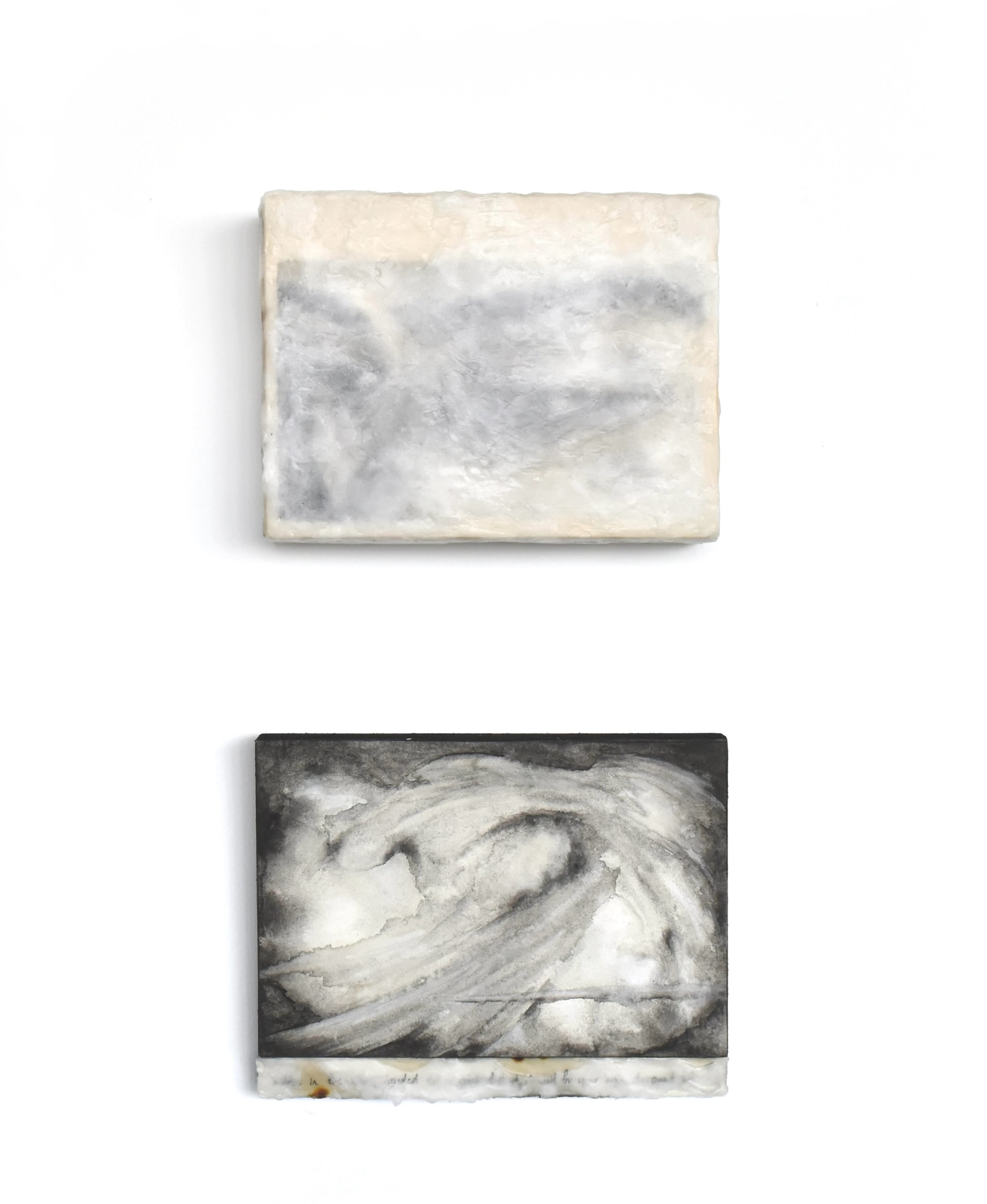 Top: Of the White Heat in My Head, 2025, Watercolor and ink on paper, wood, wax - 16.5 x 12 x 3.5 cm |
Bottom: Letter of the Mesmerized, 2025, Watercolor and ink on paper, wood, wax - 17 x 13 cm