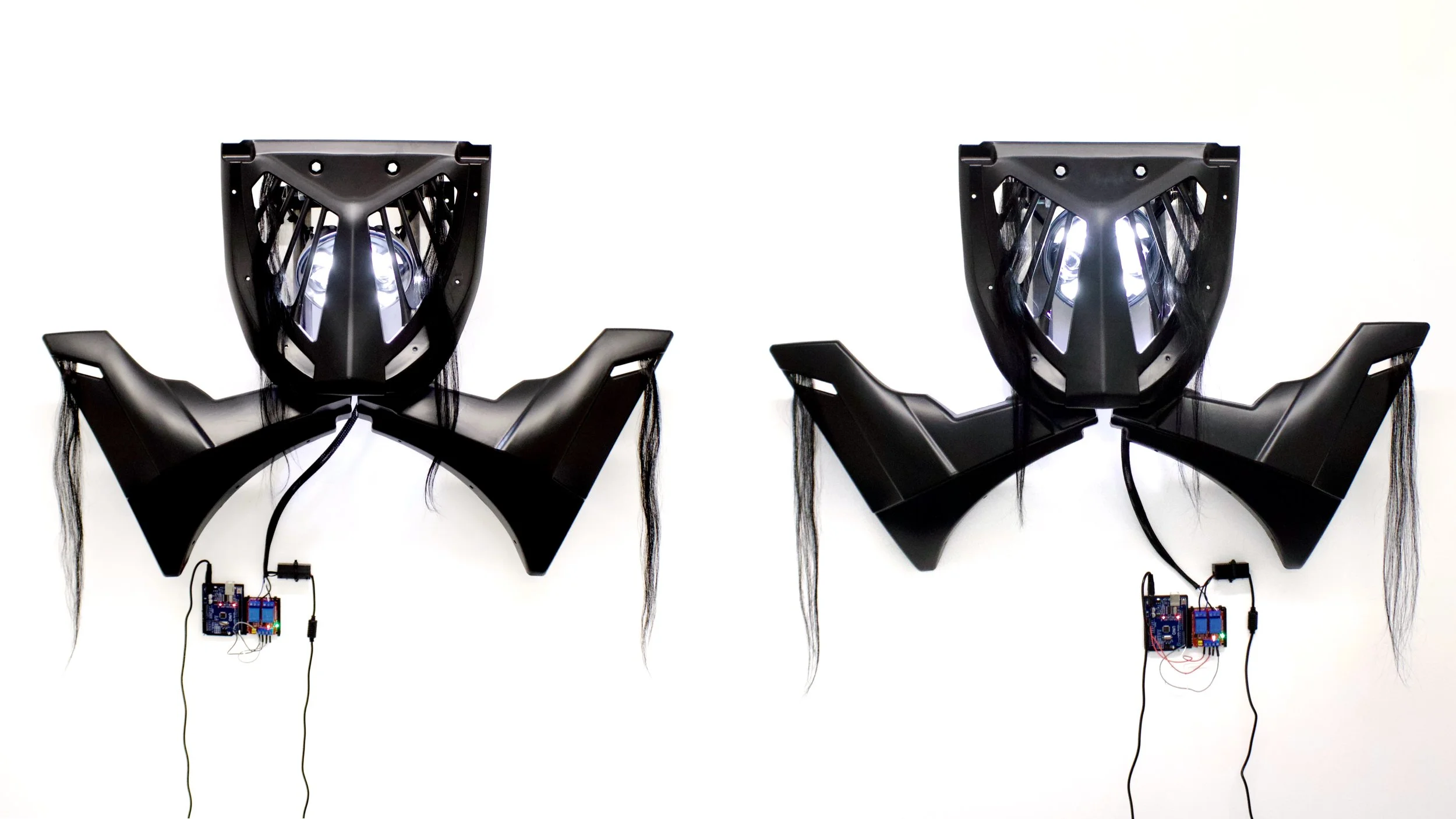 Cowling Blinkers, 2026, Motorcycle headlights, motorcycle fairings, metal, hair, and Arduino - 41 x 75 x 20 cm