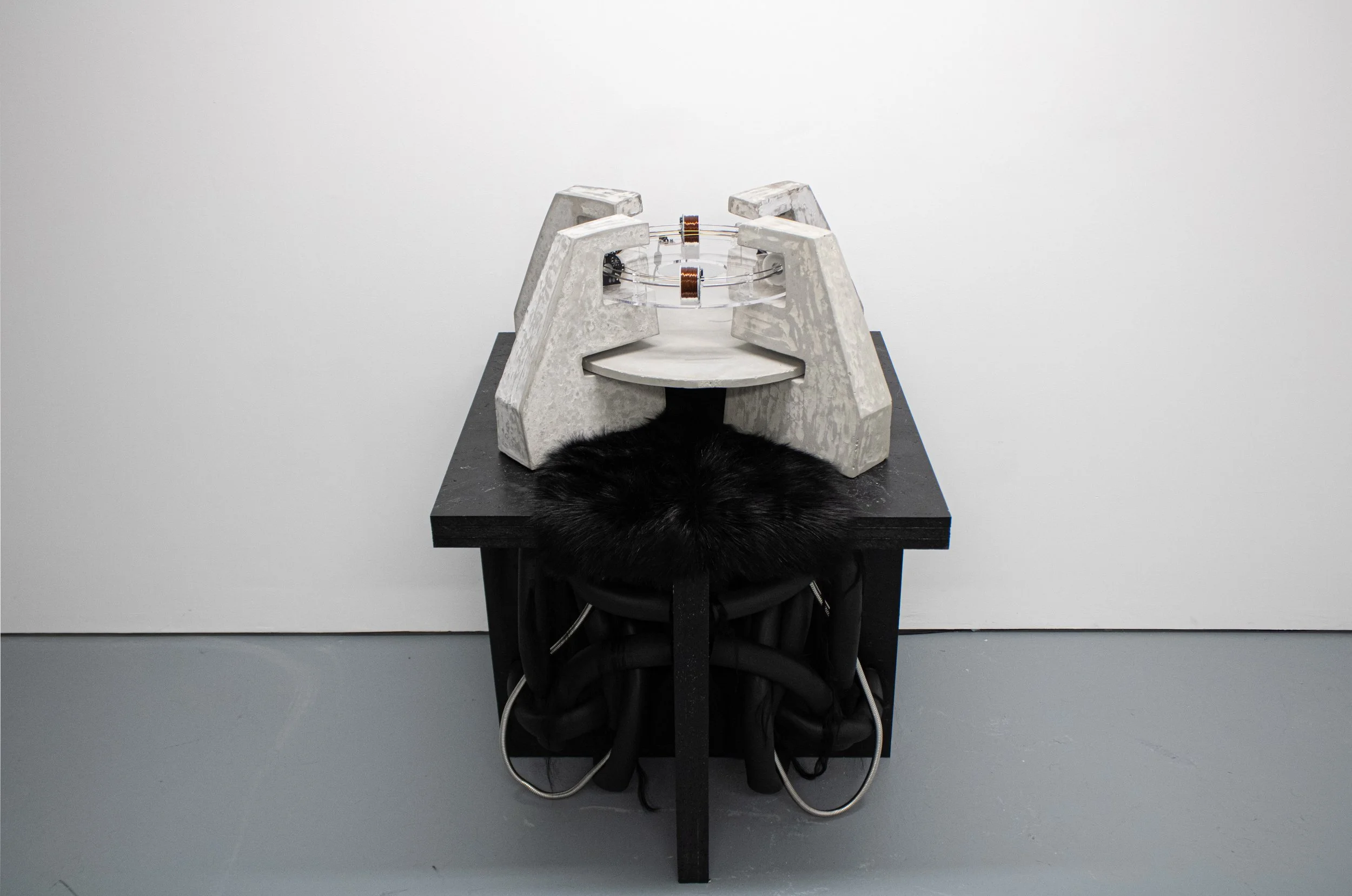 Linac 4, 2026, OSB wood, concrete, paint, rubber, hair, metal, and particle accelerator - 110 x 78 x 78 cm