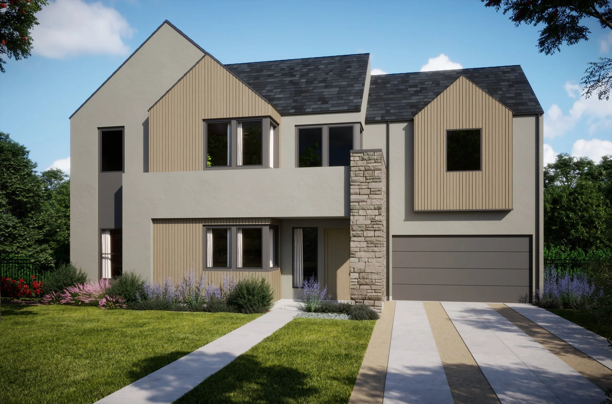 Modern two-story house with a landscaped front yard, featuring a green lawn, gravel paths, and shrubs, on a sunny day with a blue sky and some clouds.