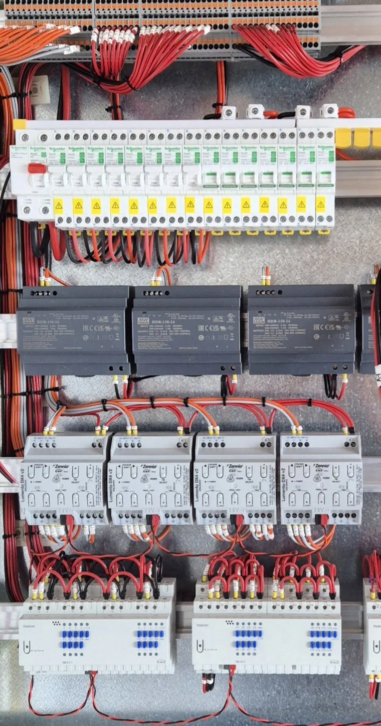 Domestic board with RCBOs and KNX controlled lighting and blind circuits