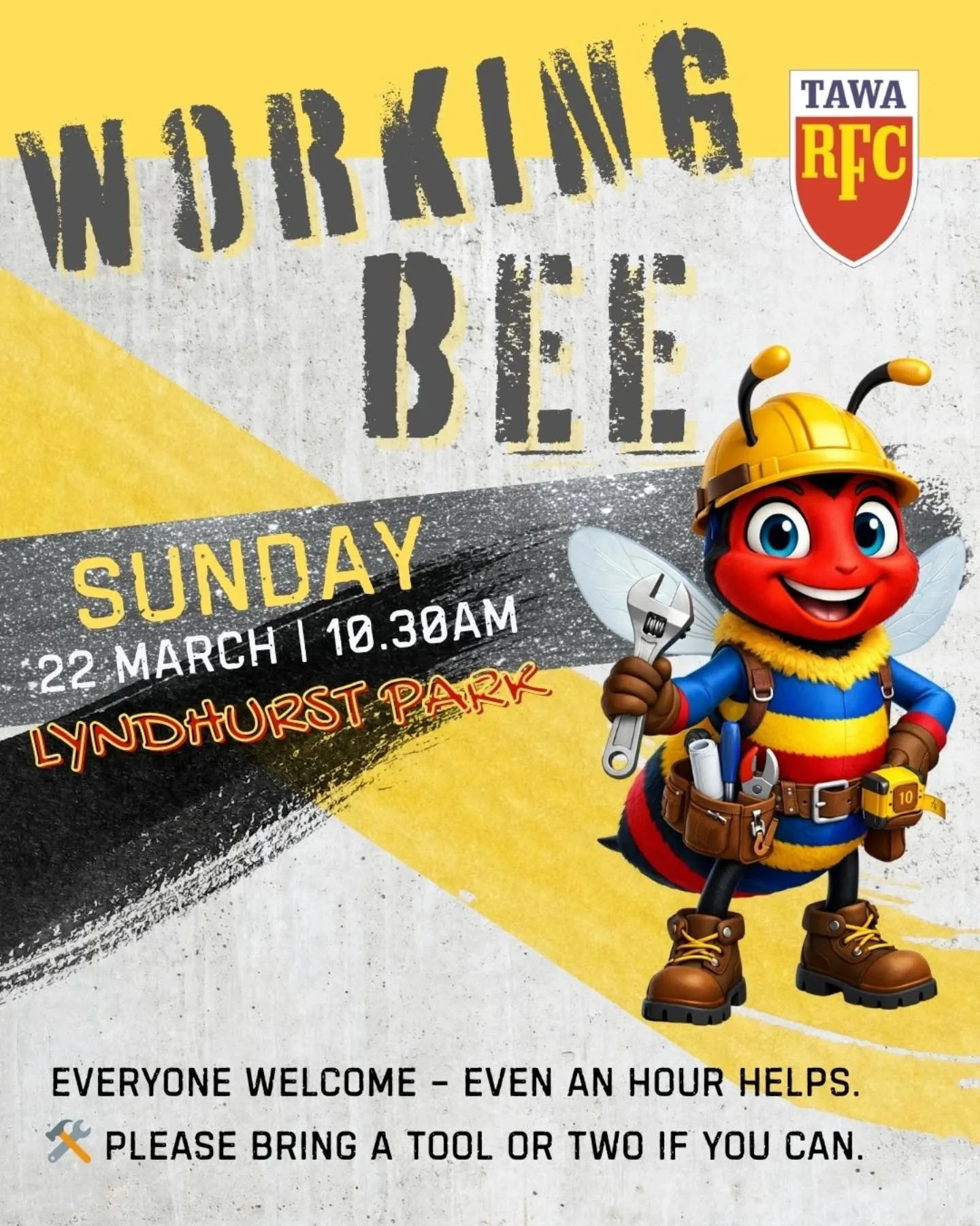 🔴🟡🔵 Tawa Rugby Club Working Bee

Help us get the club season ready!

📅 22 March
⏰ From 10:30am

We need help with cleaning windows, toilets, weed eating, tidying the stands and giving the club a good overall spruce up.

Everyone welcome &ndash; e