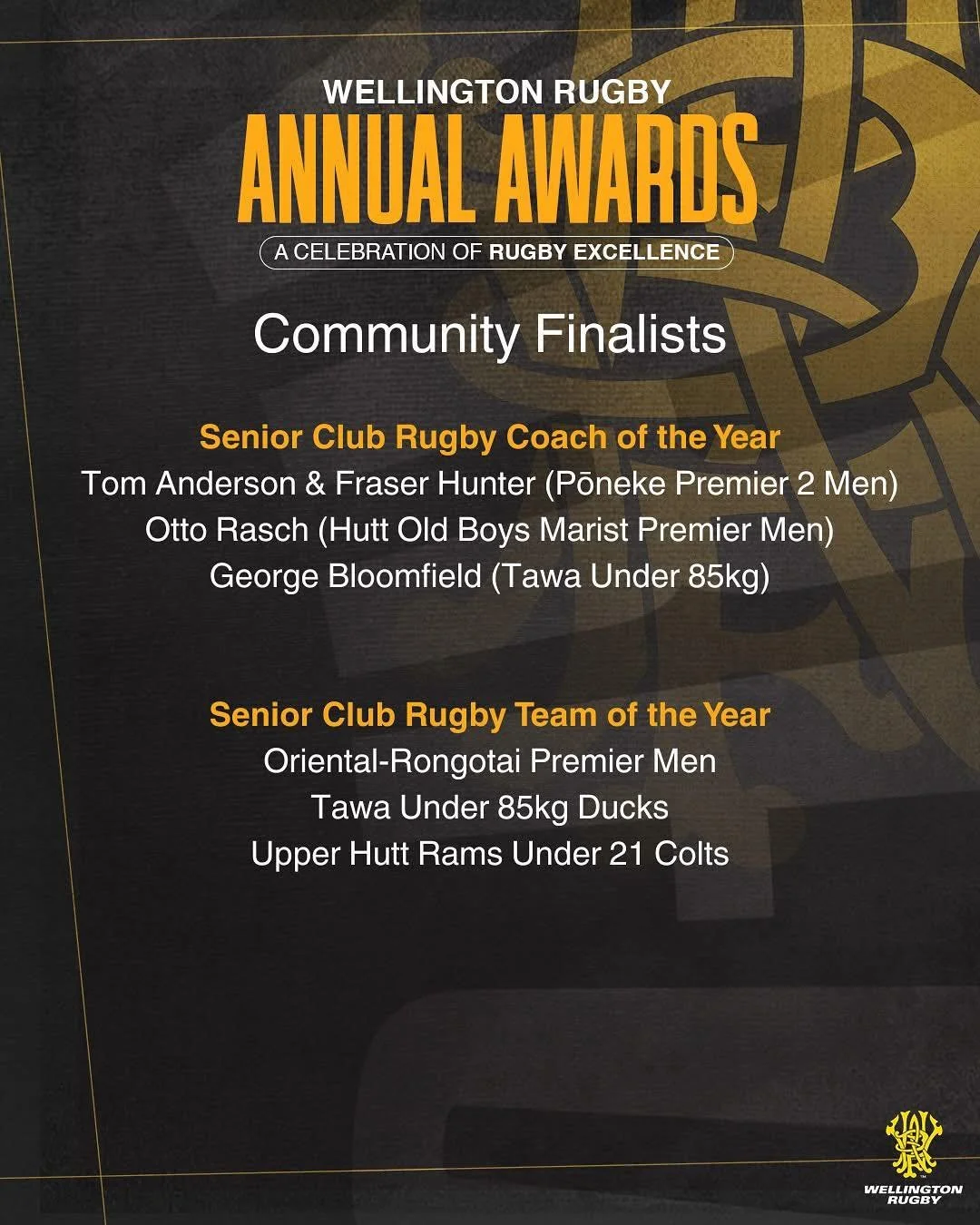 Congrats to George Bloomfield and the mighty Tawa Ducks for making finals for the Wellington Rugby Community Awards! Winners to be announced at the Annual Awards.🥇