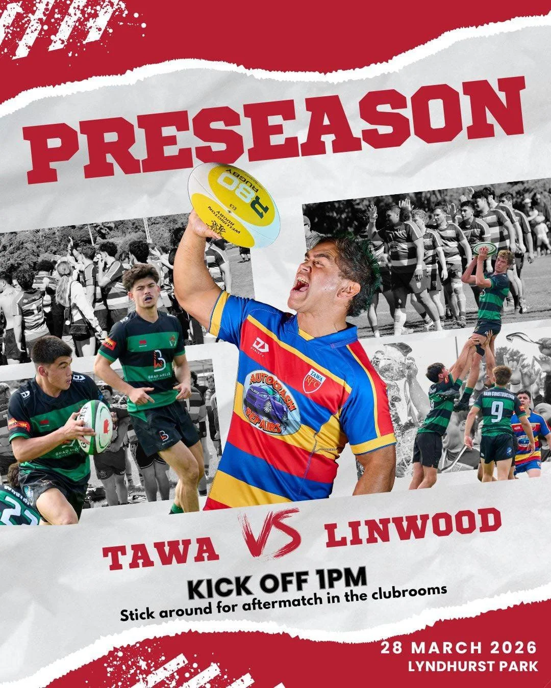 Preseason Week 3

Big day at Lyndhurst Park this weekend!

Linwood Rugby Club are making the trip up from Christchurch with a squad of 30. Johnsonville will no longer be playing us this weekend. 

28 March
🏉 Tawa vs Linwood &ndash; 1:00pm

Stick aro