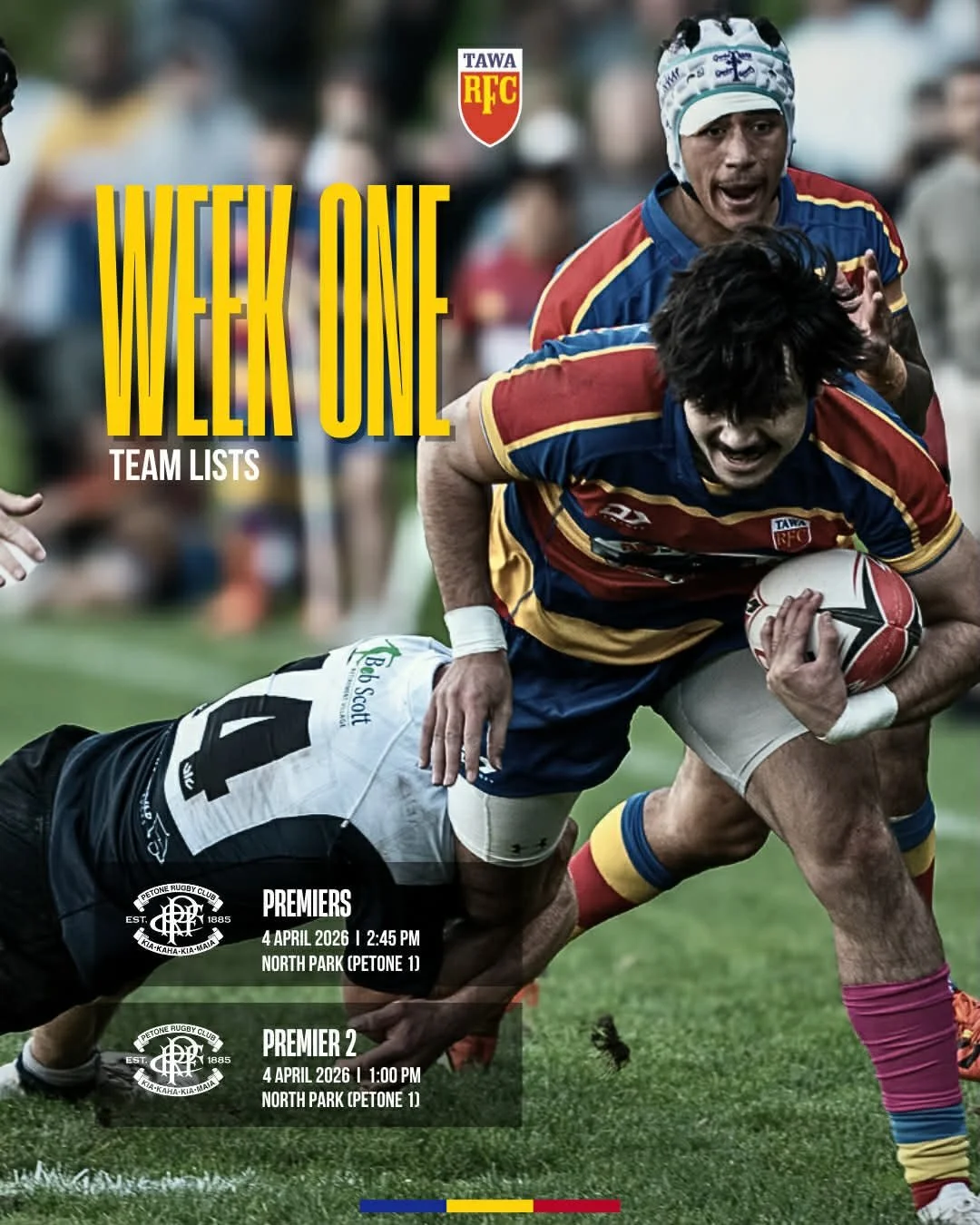 🇷🇴 ROUND ONE | 4 APRIL 🇷🇴
 
🔵 Premier vs @petonerugby | North Park 1 | 2.45pm
 
🟡 Premier 2 vs @petonerugby | North Park 1 | 1.00pm

#tawarugbyclub