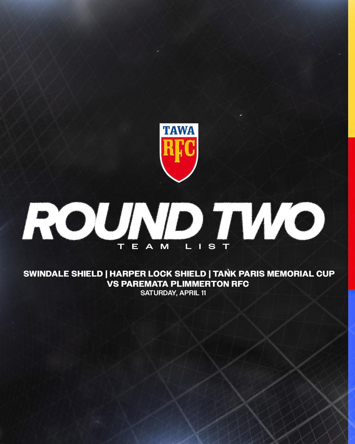 ROUND TWO | 11 APRIL

🔵 Premier vs pareplimrugby | Lyndhurst Park | 2.45pm
🟡 Premier 2 vs pareplimrugby | Lyndhurst Park | 1.00pm
🔴 Colts vs pareplimrugby | Redwood Park | 12.30pm
🔵 U85s vs oldboysuniversityrugby | Nairnville Park | 2.45pm 

#taw