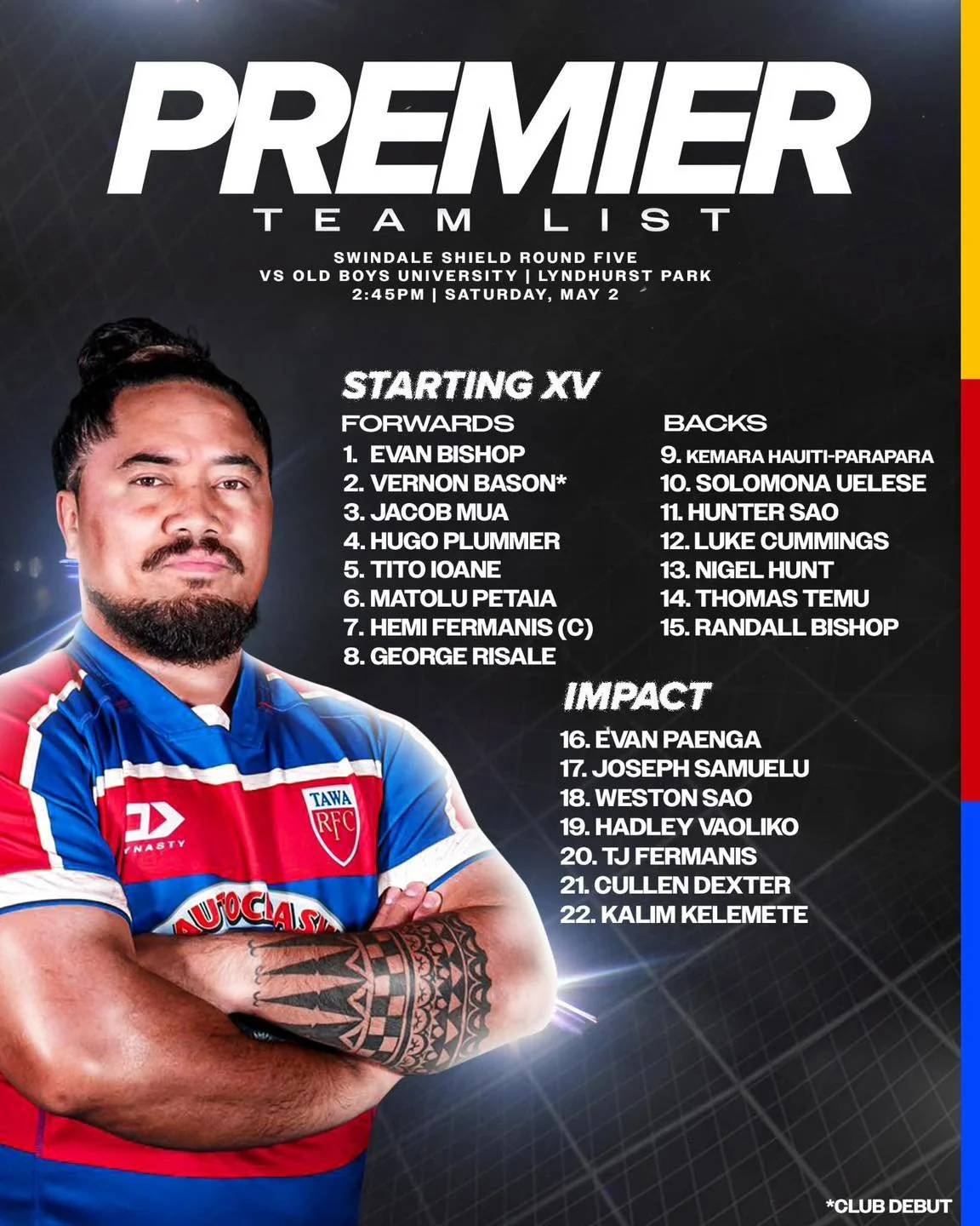 ROUND FIVE | 2 May

🔵 Premier vs oldboysuniversityrugby | Lyndhurst Park | 2.45pm 
🟡 Premier 2 vs oldboysuniversityrugby | Lyndhurst Park | 1.00pm 
🔴 Colts vs oldboysuniversityrugby | Redwood Park | 12.30pm 
🔵 U85s vs huttoldboysmarist | Hutt Rec