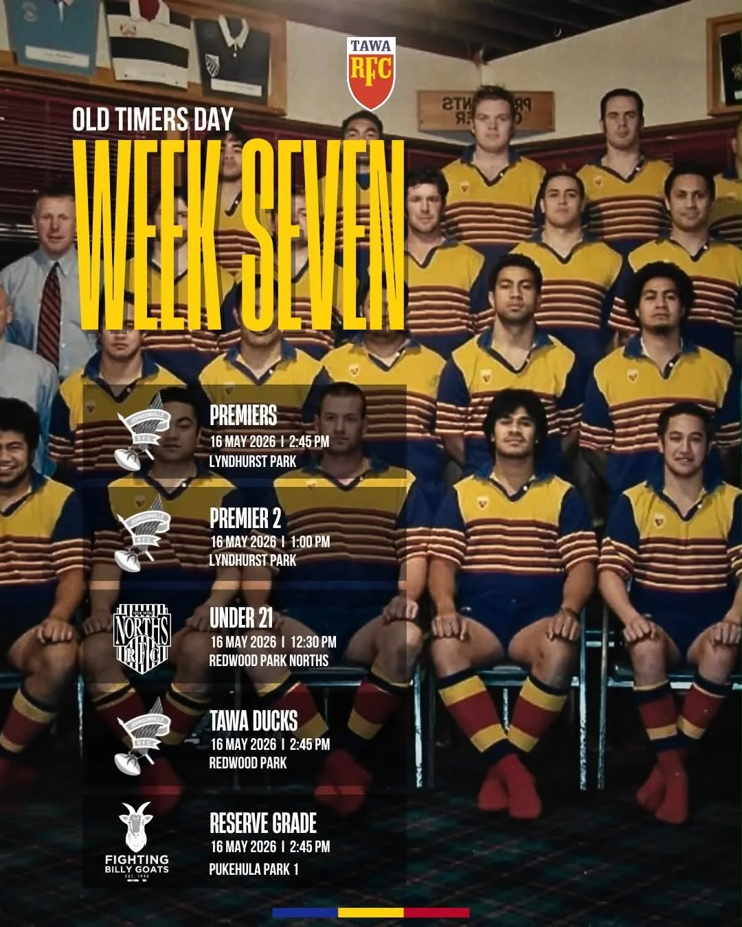 🇷🇴 R O U N D  S E V E N | 1 6  M A Y 🇷🇴

Old Timers 

🟡 Premier vs @johnsonvillehawks | Lyndhurst Park | 2.45pm
🔵 Premier 2 vs @johnsonvillehawks | Lyndhurst Park| 1.00pm
🔴 Colts vs @northsurfc | Redwood Park | 12.30pm 
🟡 85s vs @johnsonville