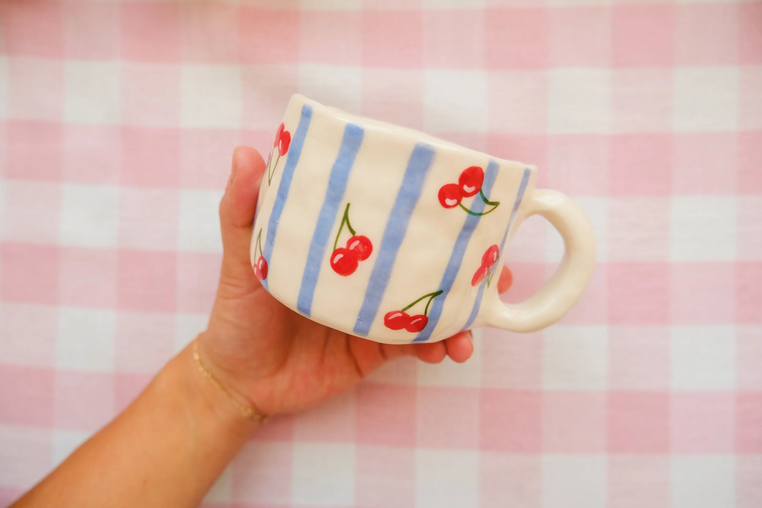 Cherry stripey latte mug
