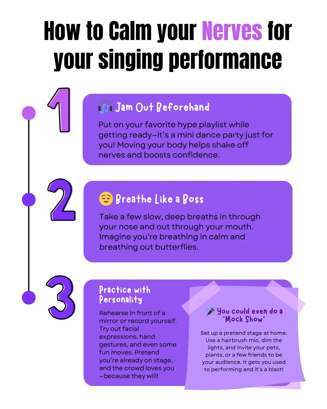 #tipsforgettingonstage NERVES! This will be the biggest thing for our first time performers &amp; experienced! 😊

Take a quick look at our steps to help control your nerves! 

#tips #performancetips #performance #perform #singer #groupsinging #singi