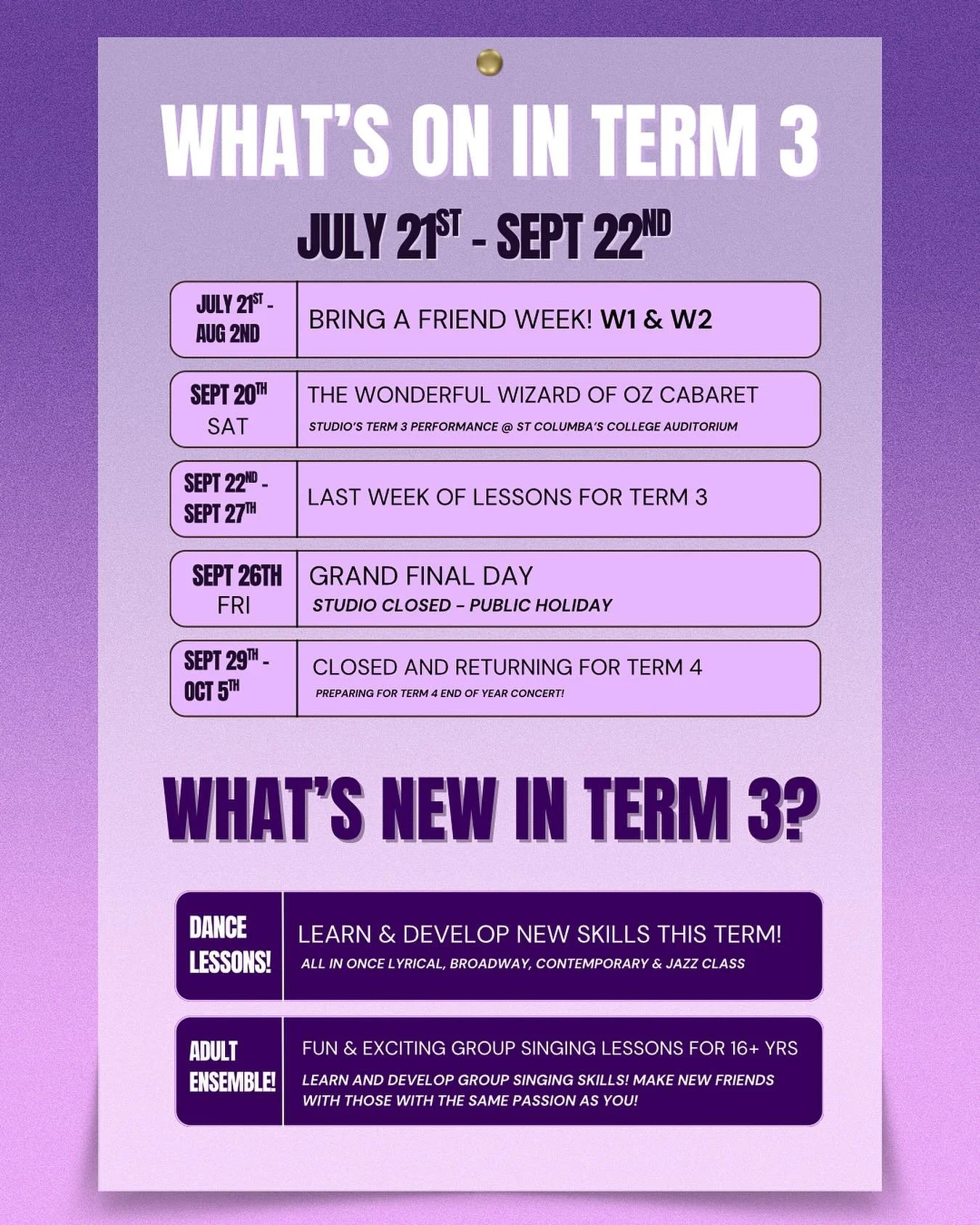 #term3 Get ready for another EXCITING Term!
🤩 Bring a FRIEND! (literally anyone!!)
✨ Choose which week or BOTH to bring anyone you ✨ like in to experience a Studio 5 Lesson!!
👀 Basically a FREE trial
🏈 CLOSED On Fri 26th for the Grand Final W