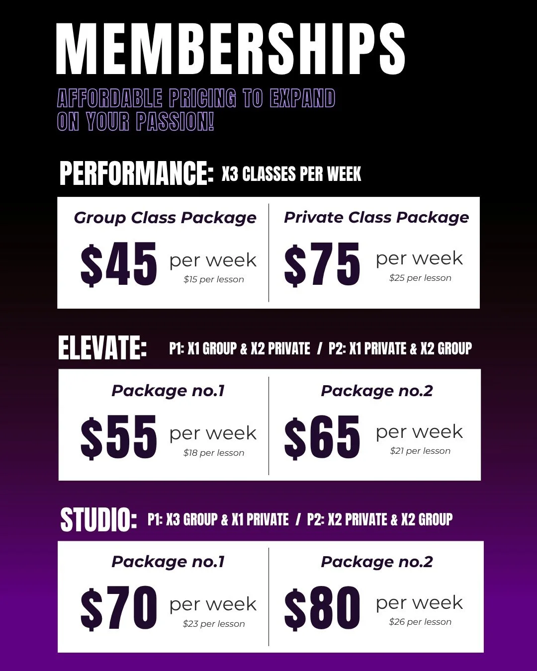 GUESS WHAT! (what?)
We have now created Studio Memberships for students with an ITCH to enrol into more lessons... AND it doesn't break the bank 😍
Performance Membership: ✨
Spend more time in class and on the stage developing and exceling!
Elevat