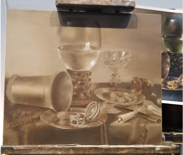 The underpainting was done in shades of raw umber and white. I then added layers of translucent color before completing the final layers.