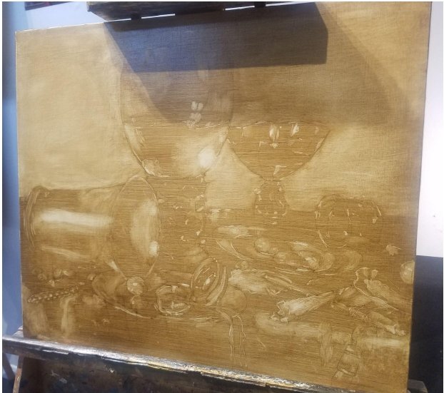 I started with a pencil sketch using the grid method, then covered the sketch in raw umber and wiped out highlights with a rag to guide the underpainting.