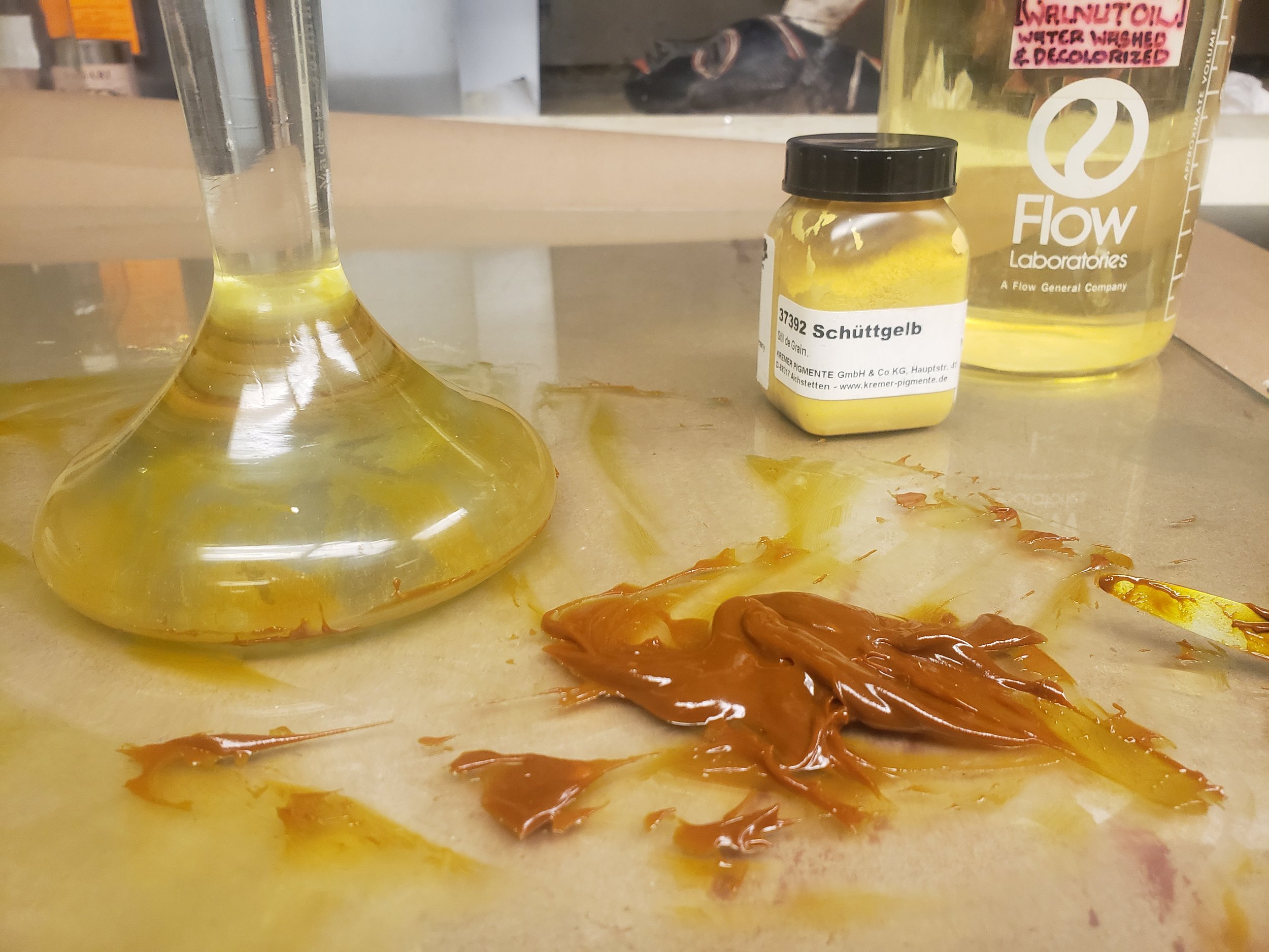 All of the pigments and fillers identified in the Prado's technical study were either used out of a tube or mulled by hand. Pictured: yellow lake pigment mulled in walnut oil.