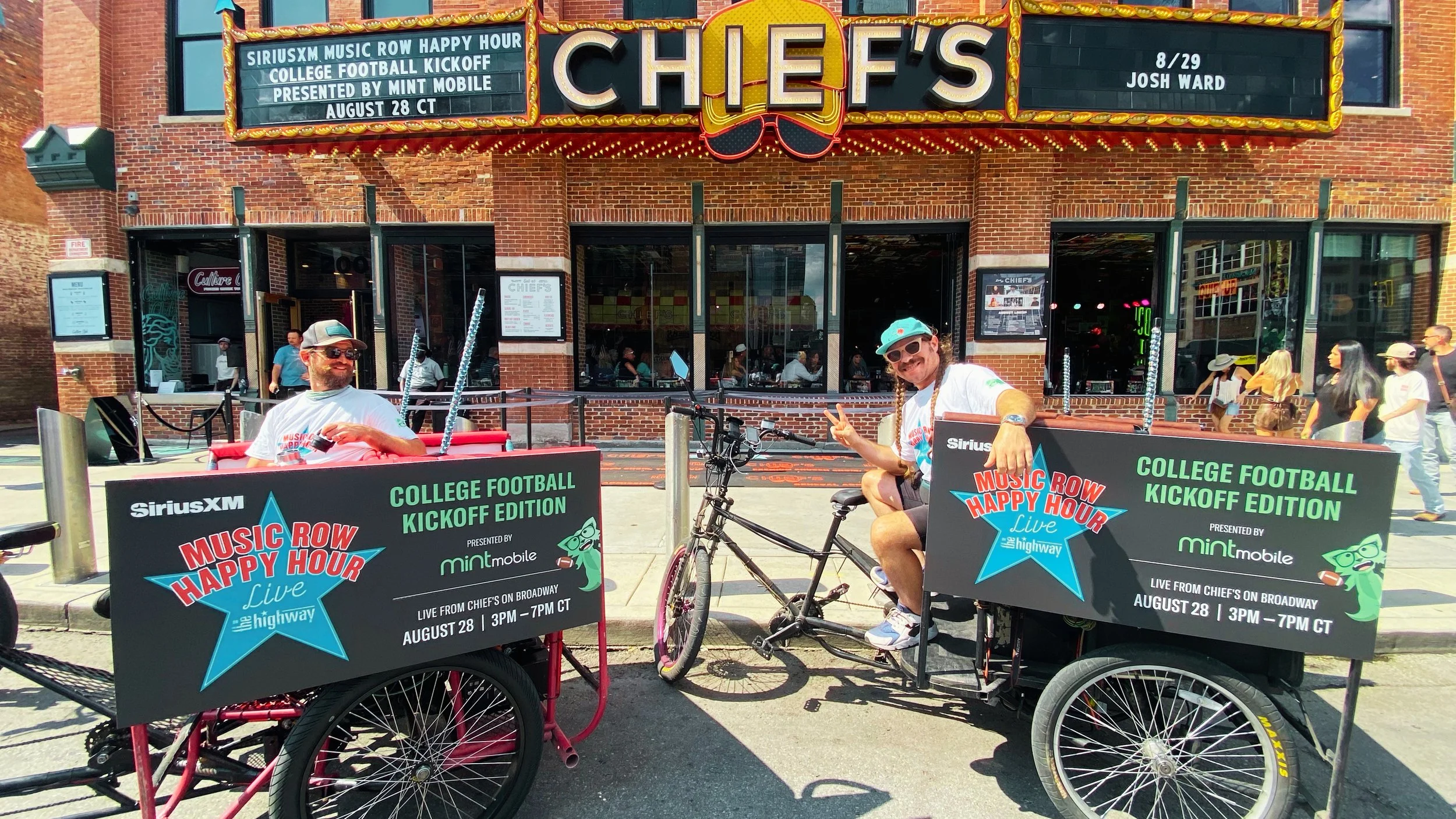 Pro Pedicab branded pedicabs for SiriusXM and Mint Mobile outside Chief's on Broadway in Nashville