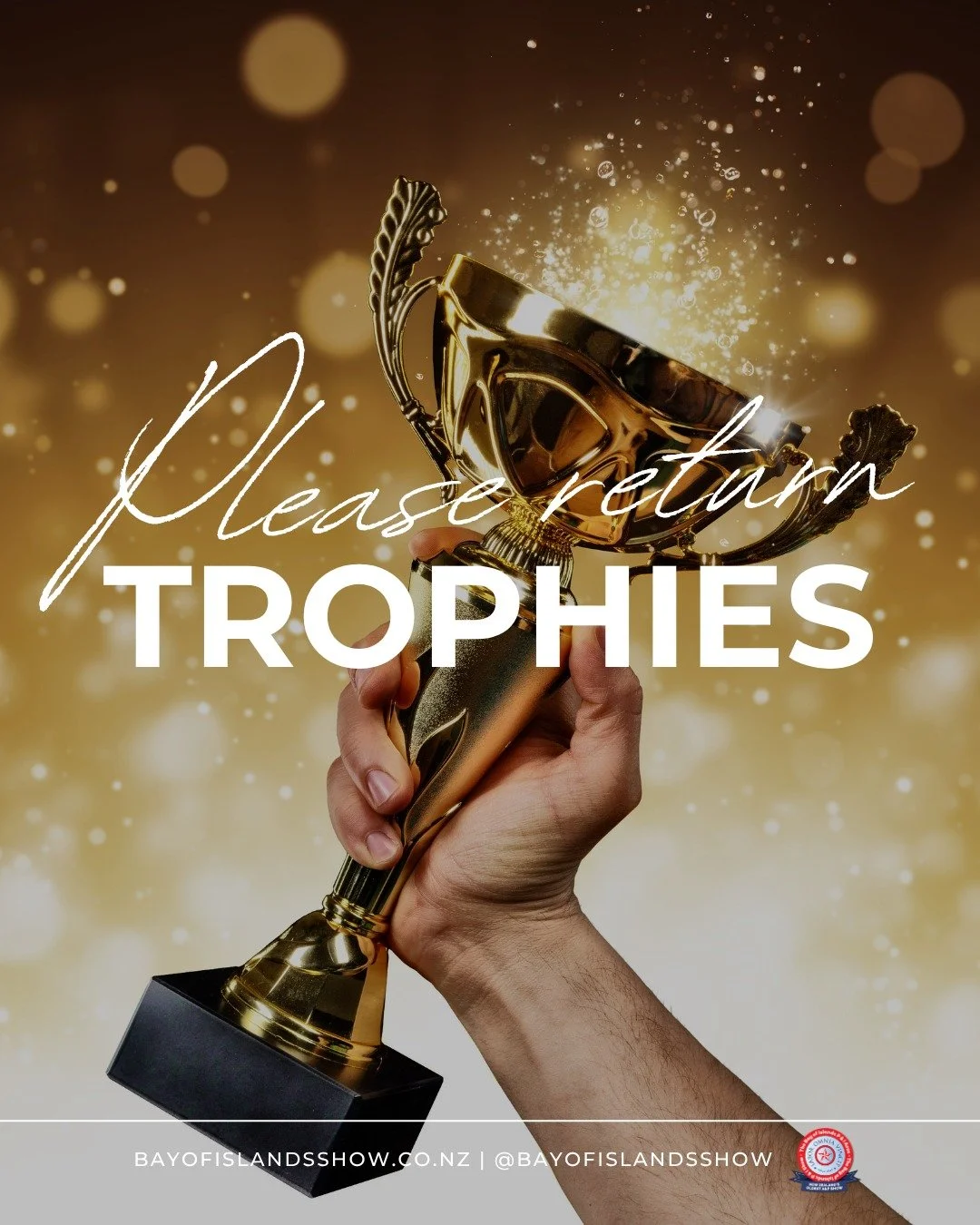 🏆Please return your trophies!🏆

If you won a trophy at last years Show, we need your trophy back! Please return these BEFORE 01 November 2026 - ideally, bring them to the Ribbon Day this weekend! Otherwise you can do this via courier, please email 