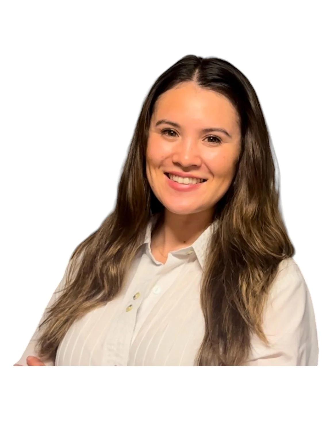 A woman with long brown hair smiling, wearing a white button-up shirt, against a white background.