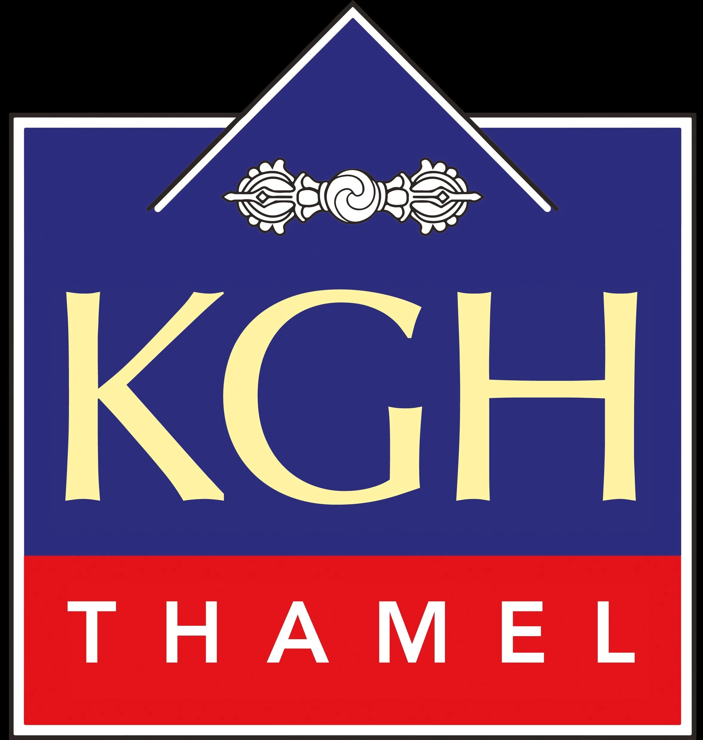 logo for Kathmandu Guest House a partner of ahf featuring a red badge with a mountain and a road leading to it