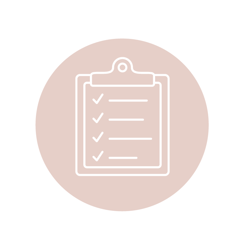 Icon of a clipboard with a checklist in a beige circle background.