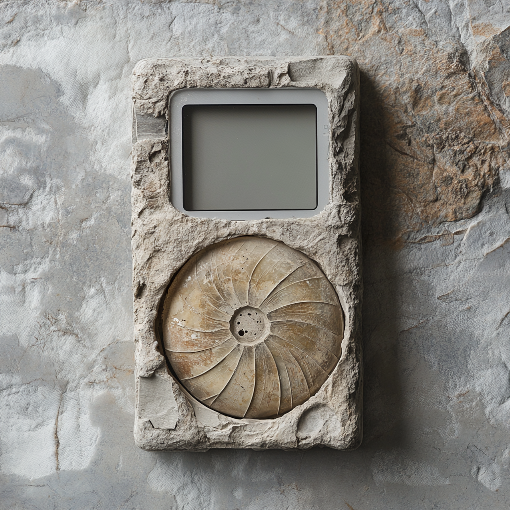A mounted display with a fossilized ammonite shell and an LCD screen, set against a textured stone wall.
