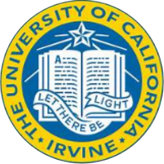 Seal of the University of California, Irvine featuring an open book with a star above and the words 'Let There Be Light' on a blue background surrounded by a yellow border.