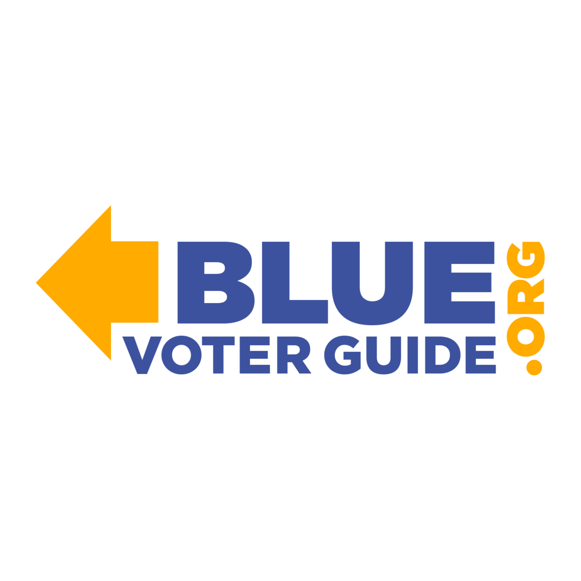 Logo for Blue Voter Guide Oregon featuring a yellow left-pointing arrow, with the words 'BLUE VOTER GUIDE' in blue and 'OREGON' in yellow.