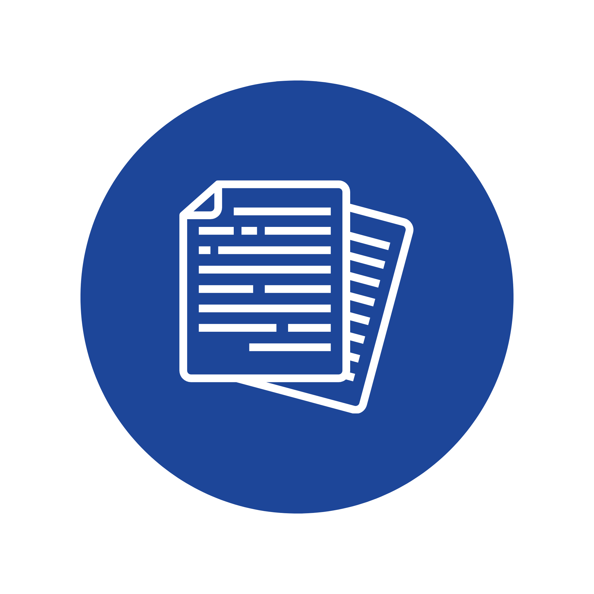 Icon of two sheets of paper with lines of text, enclosed in a blue circle on a black background.