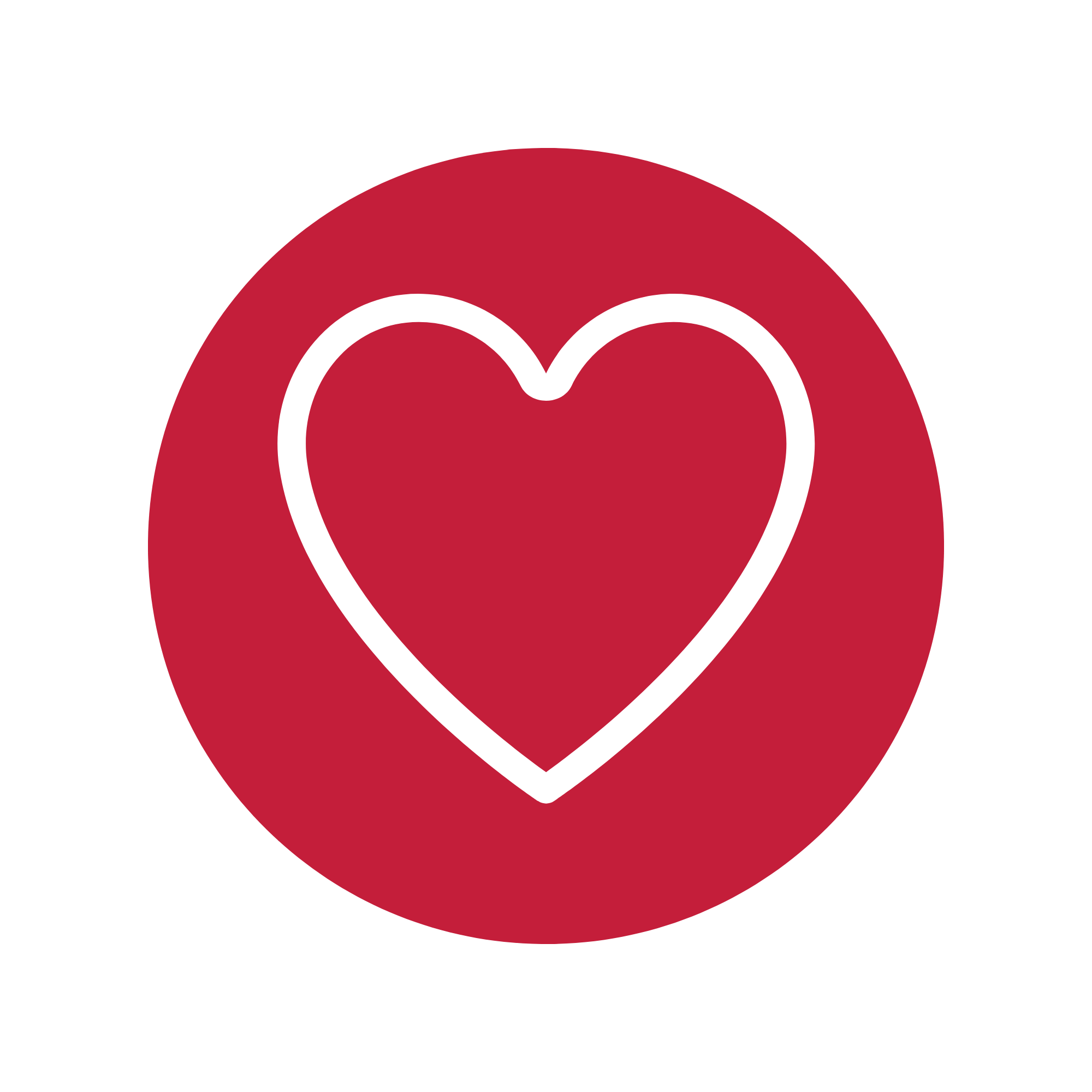 Red circular background with a white outline heart in the center.