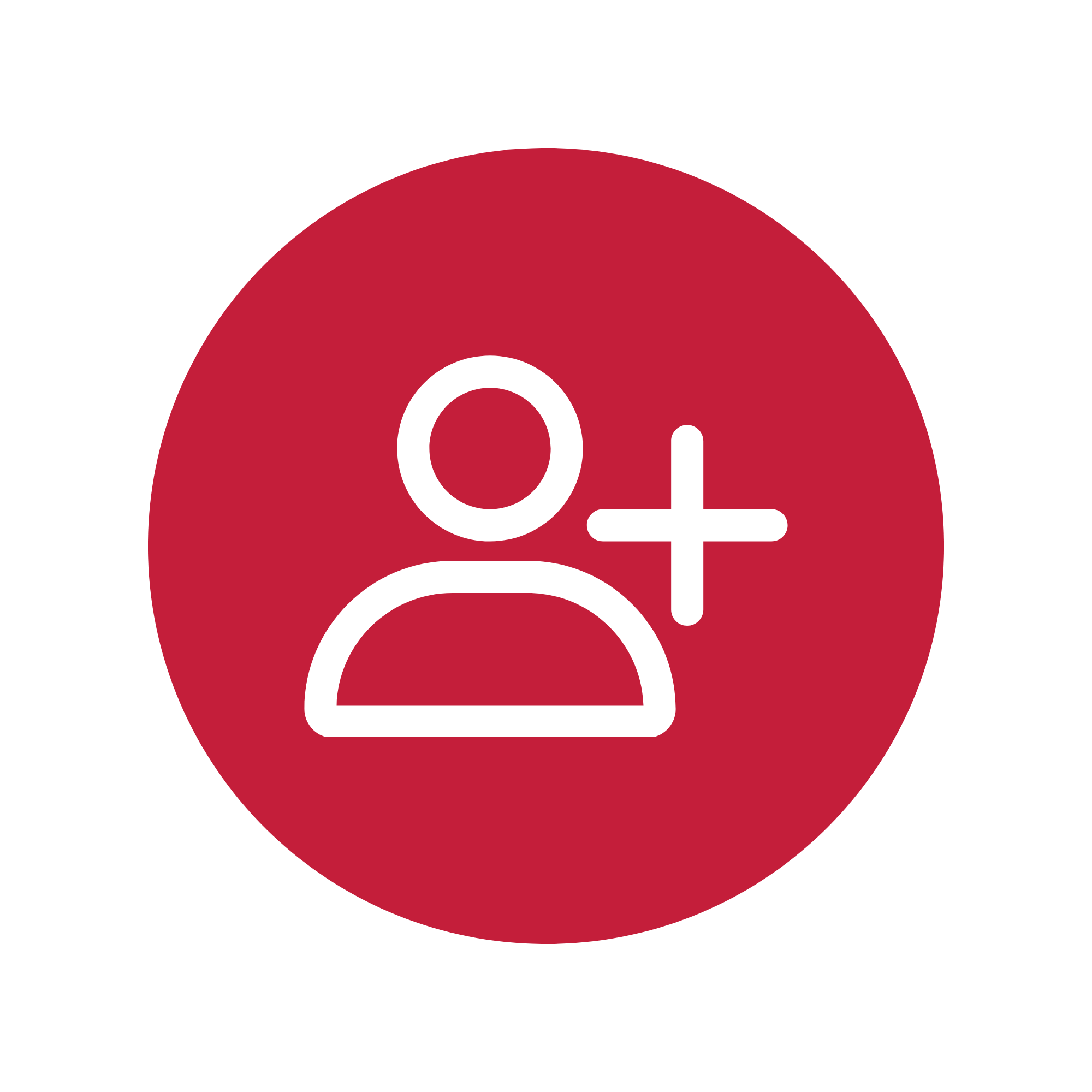 Red circular icon with a white outline of a person and a plus sign, indicating 'add user' in a user interface.