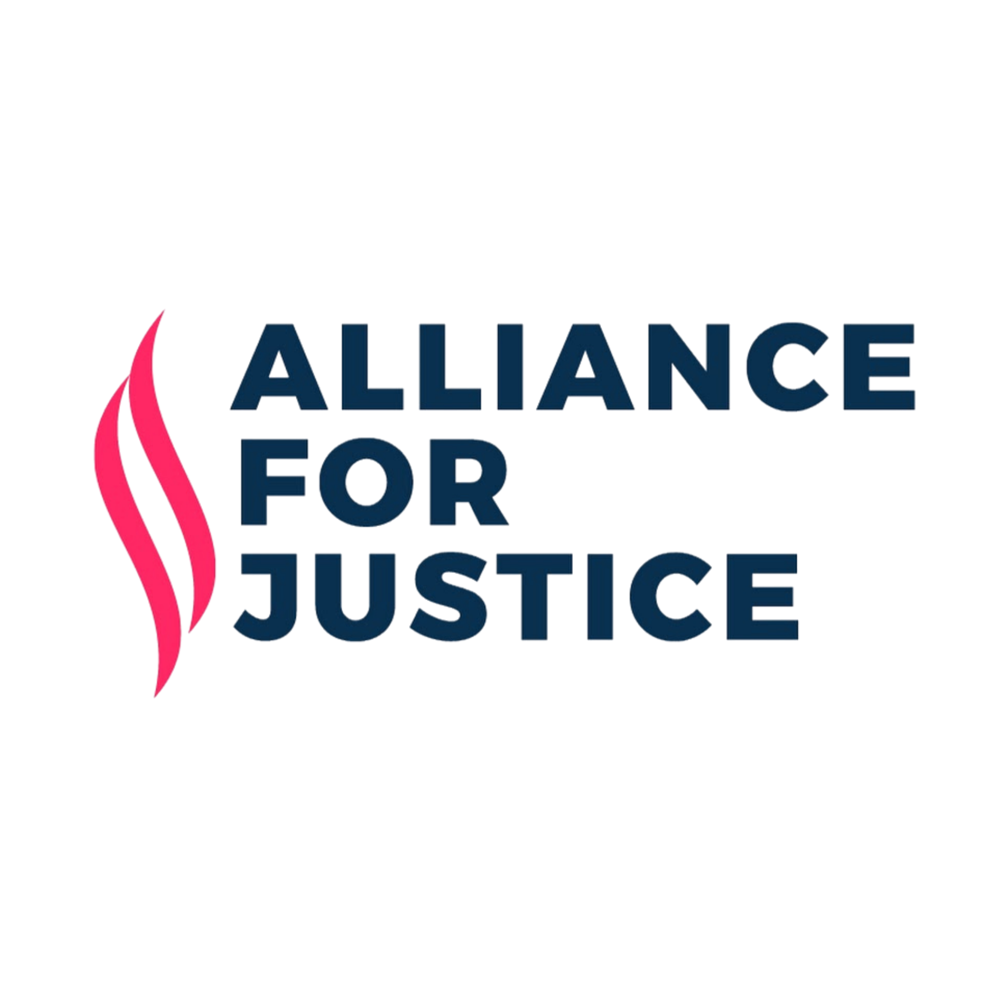 Logo of the Alliance for Justice featuring a stylized pink flame and dark blue text.