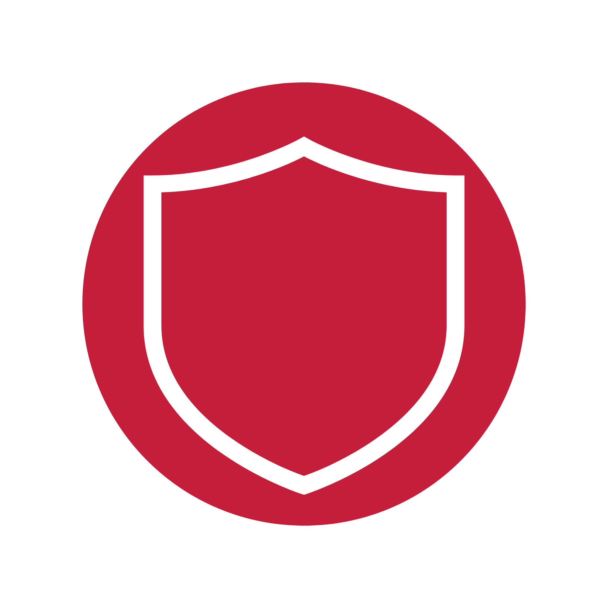 Red circle with white shield outline inside it.