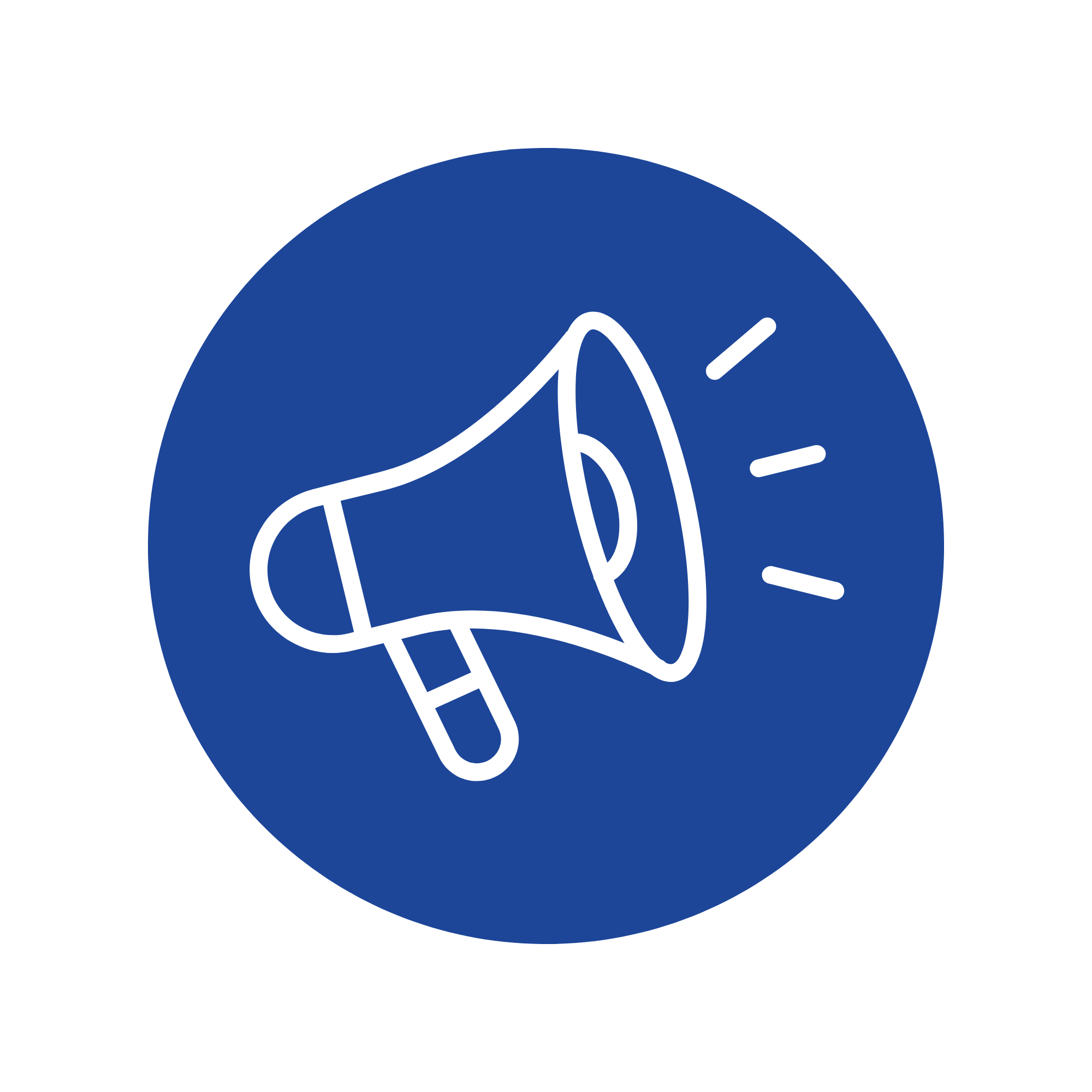 Blue circle with a white outline of a megaphone and lines indicating sound projection.