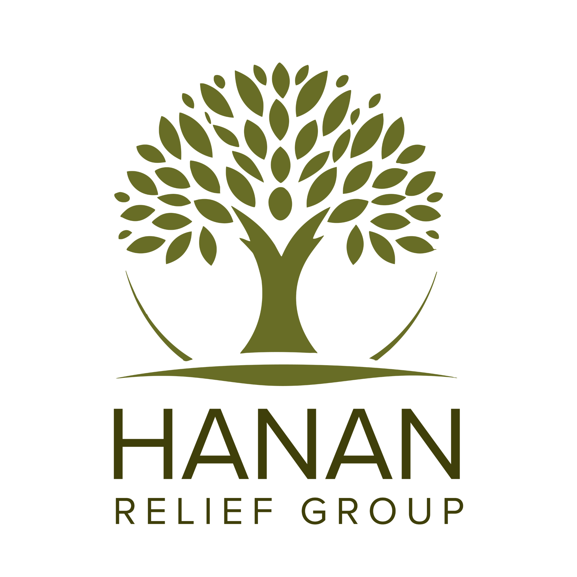 A logo featuring a stylized green tree with many leaves and a curved line underneath, with the text "HANAN RELIEF GROUP" below the tree.