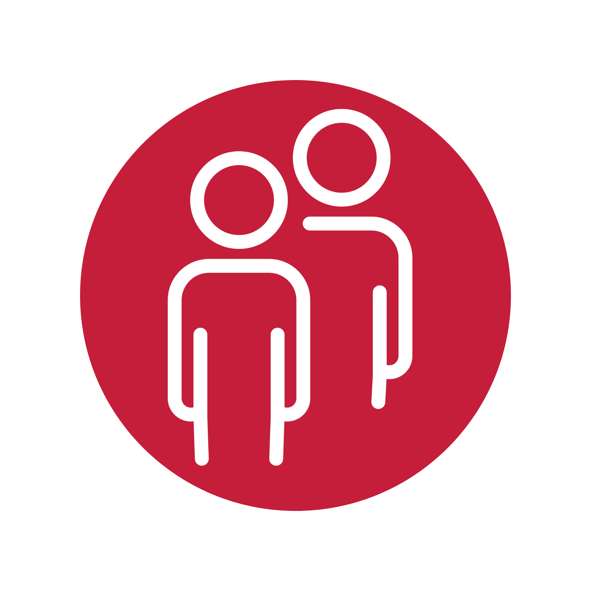 Icon of two people standing side by side against a red circular background.