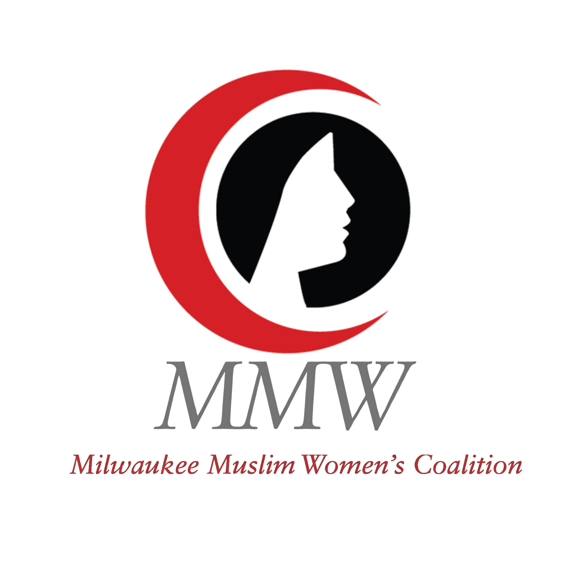 Logo of the Milwaukee Muslim Women's Coalition with a silhouette of a woman's profile inside a red crescent moon and the organization's name written below.