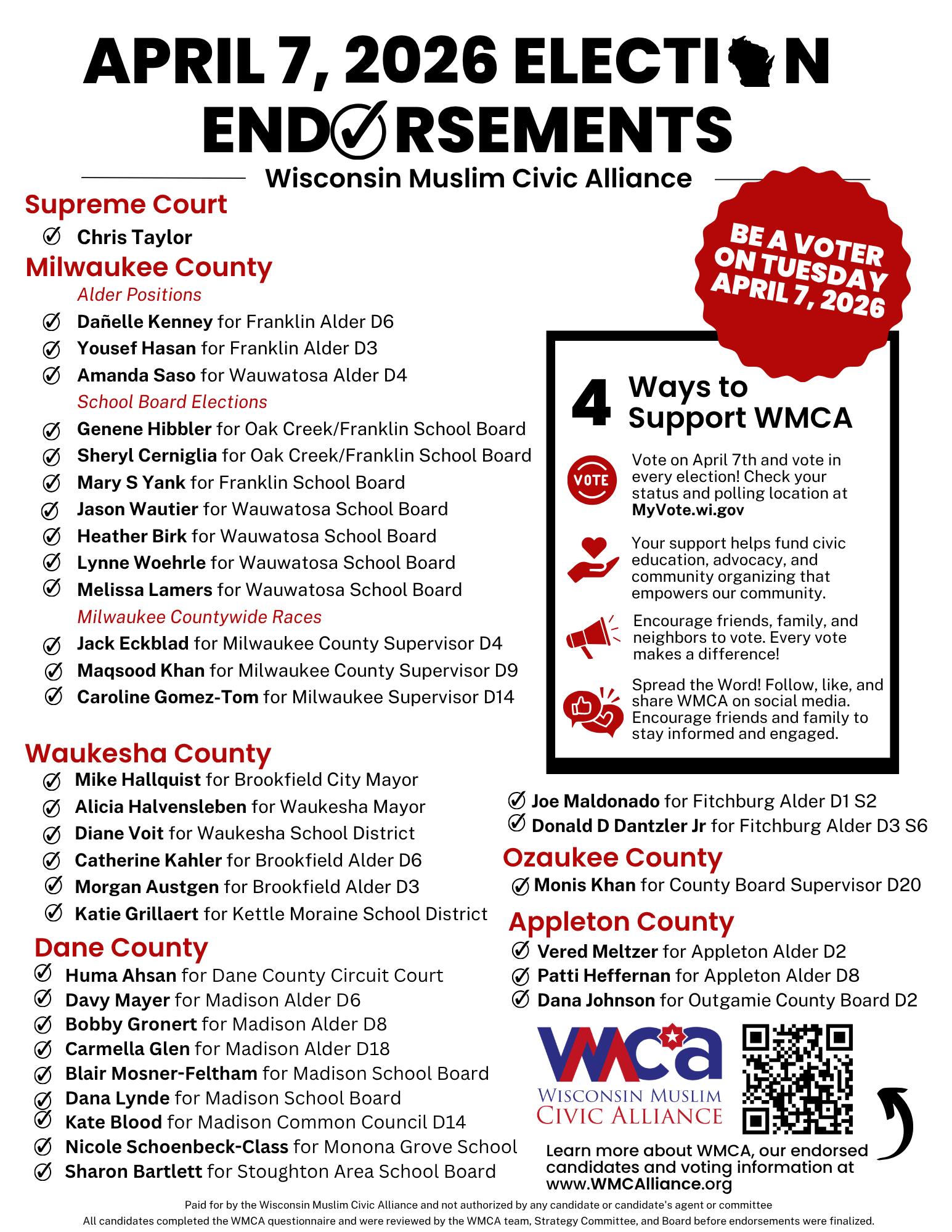 A flyer for the Wisconsin Muslim Civic Alliance election endorsements on April 7, 2026, listing candidates across multiple counties and instructions on supporting WMCA.