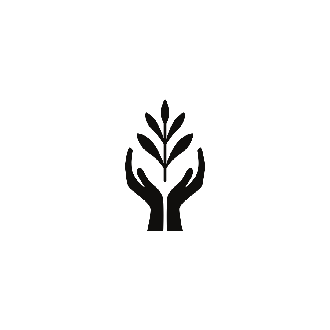 Black icon of two hands holding a plant with three leaves.