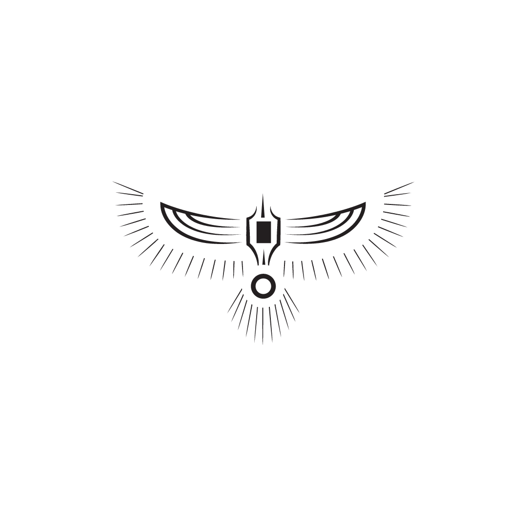 A black background with a white stylized eagle emblem in the center.