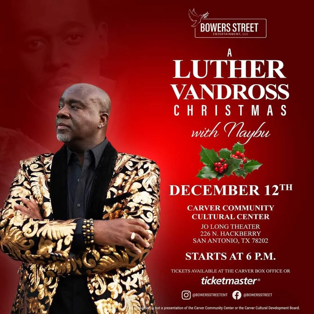 Event poster for a Christmas performance by Luther Vandross with Naybu on December 12th at Carver Community Cultural Center in San Antonio, Texas, featuring a photo of Luther Vandross wearing a gold embroidered jacket.
