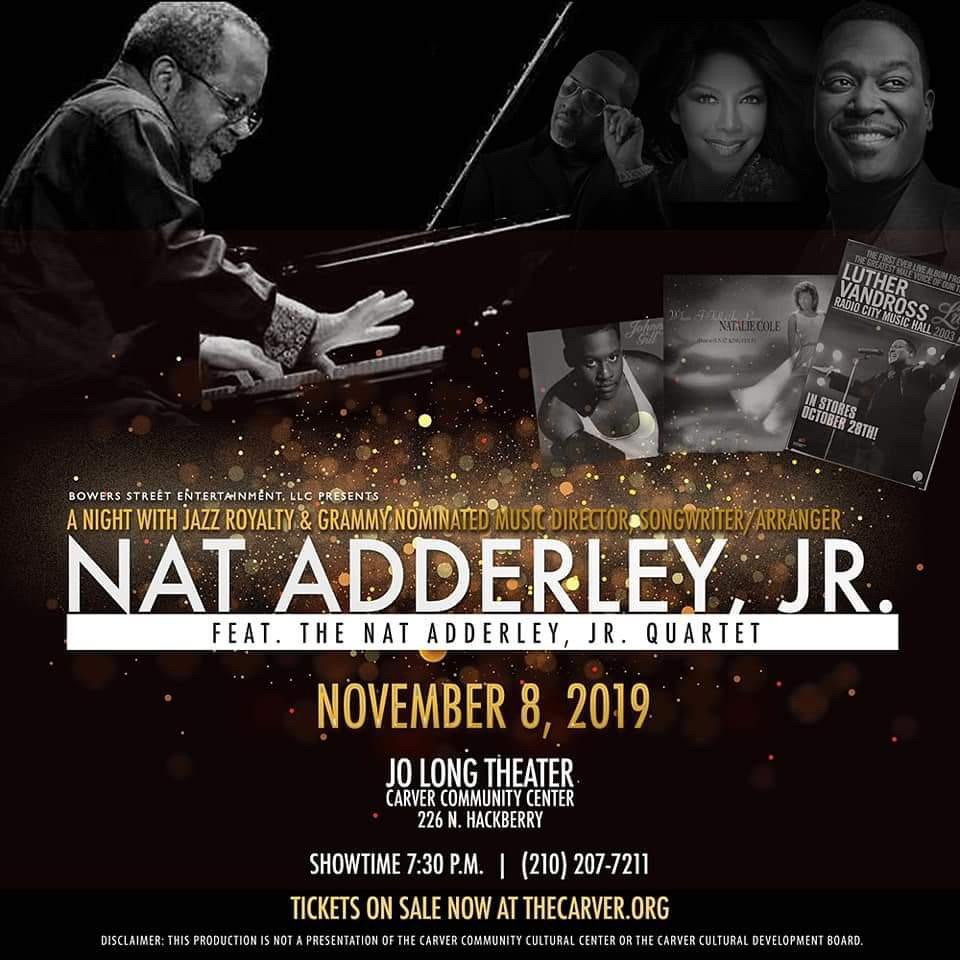 Poster for a jazz concert featuring Nat Adderley Jr. with images of jazz artists, event details, date, location, and ticket information.